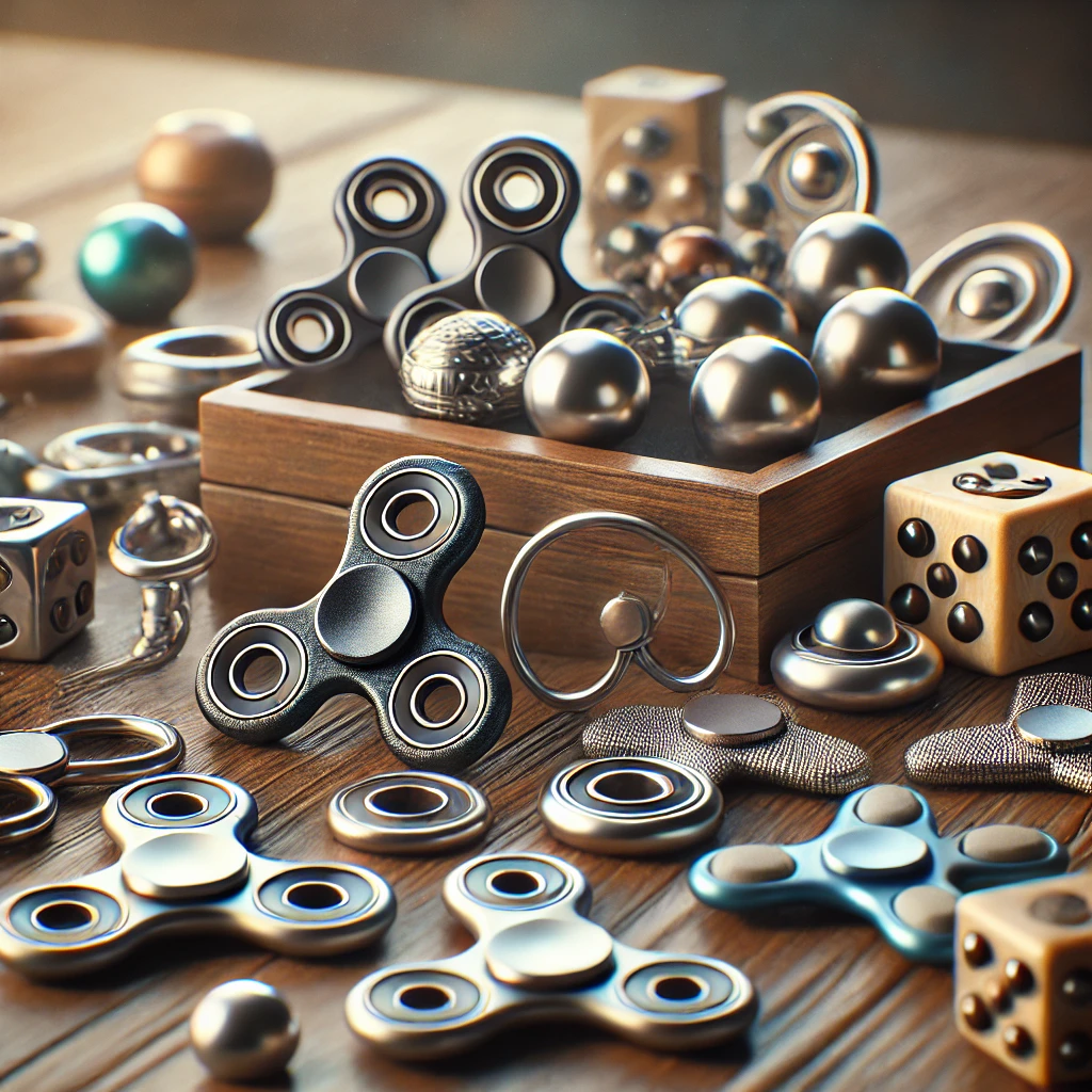 a bunch of metal fidget spinners atop a wooden surface