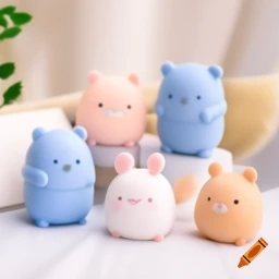 Five pastel squishy animal toys.