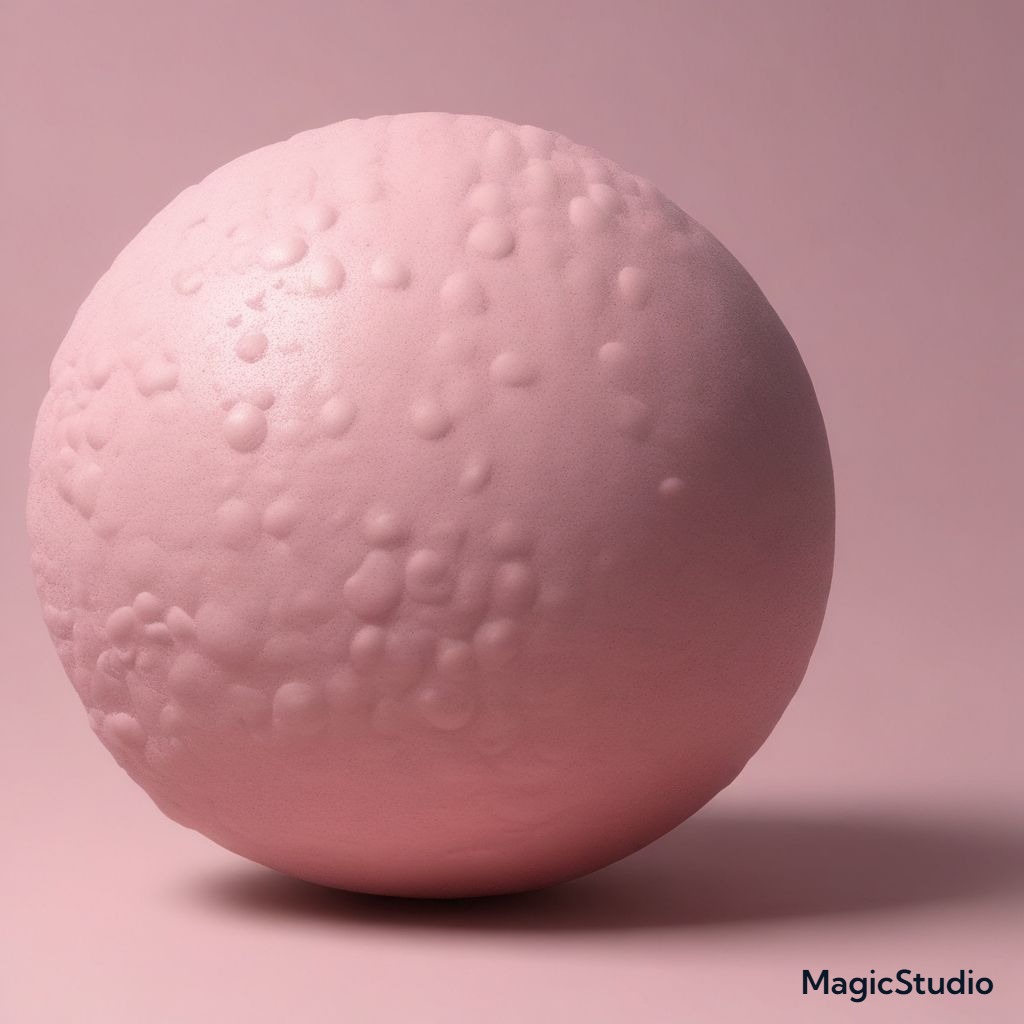 A light pink, textured, squishy ball on a light pink background.