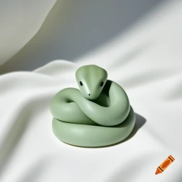 a green snake curled up on a white sheet